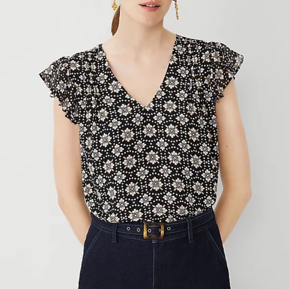 Ann Taylor Geo Ruffle Pintucked V-Neck Top